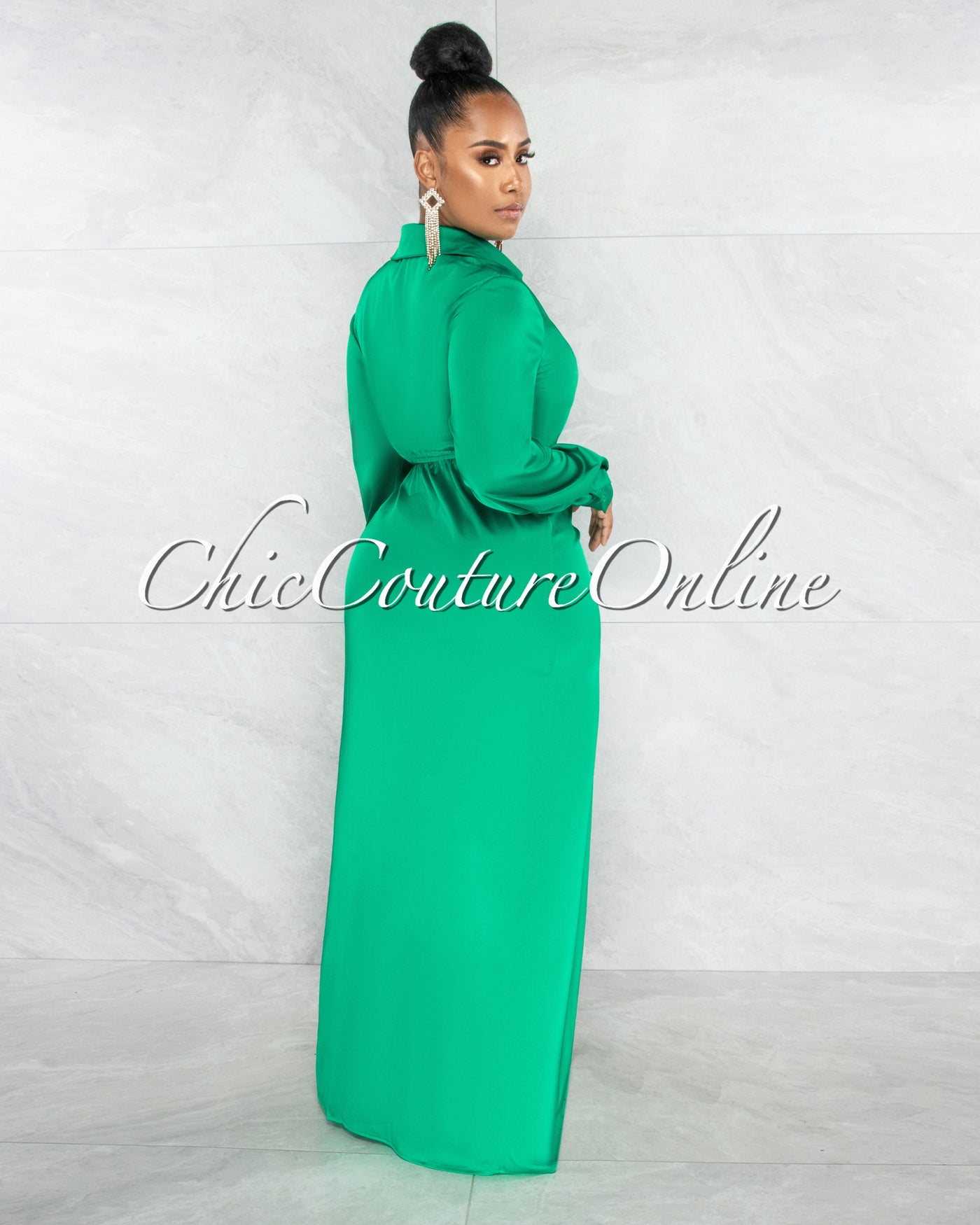 *Yuriana Emerald Green Draped Front Maxi Silky Dress