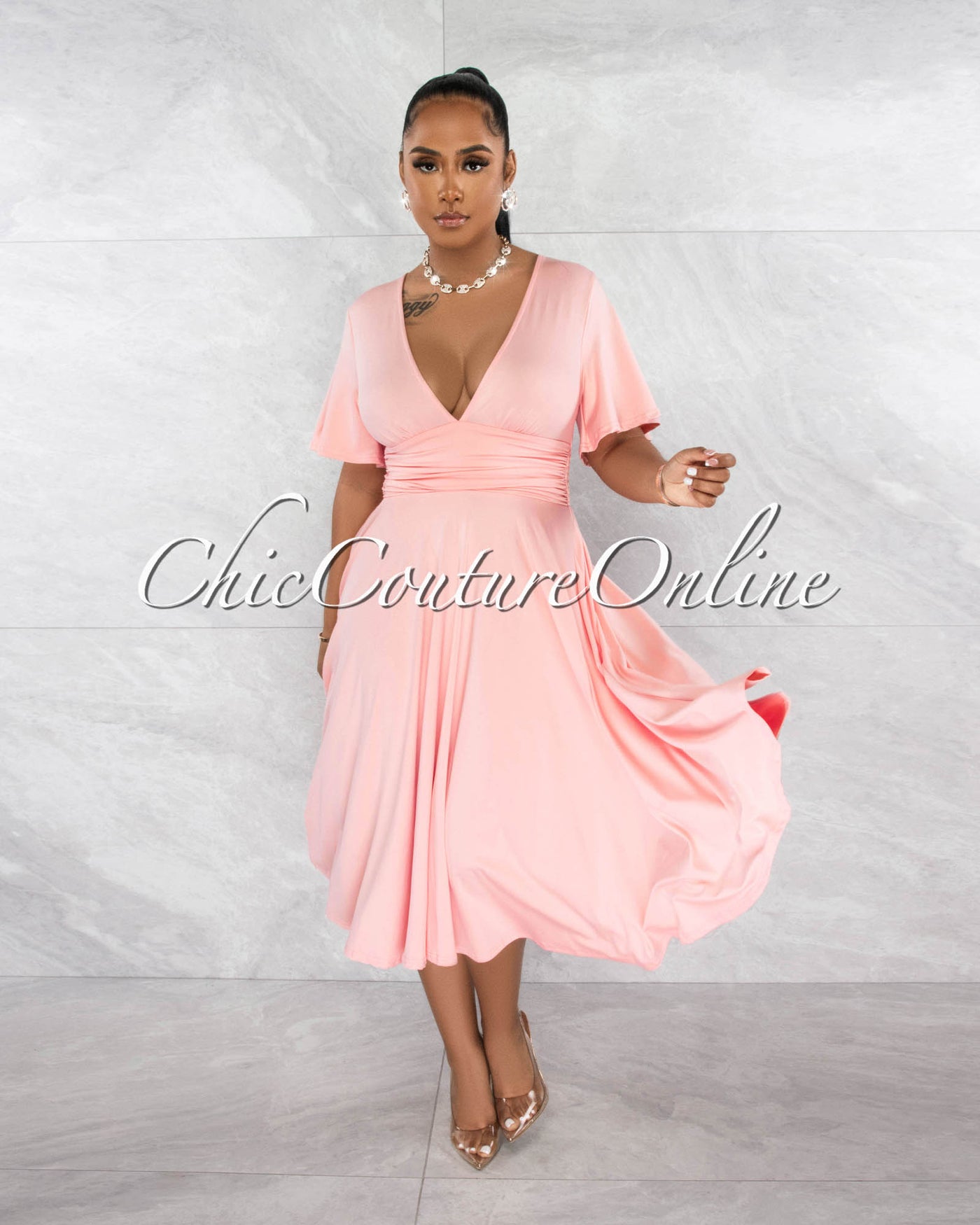 Naradia Baby Pink Draped Waistband Midi Dress