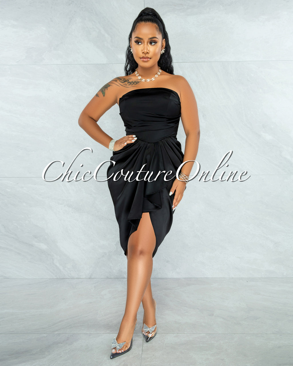 *Esther Black Front Draped Hi-Lo Satin Midi Dress