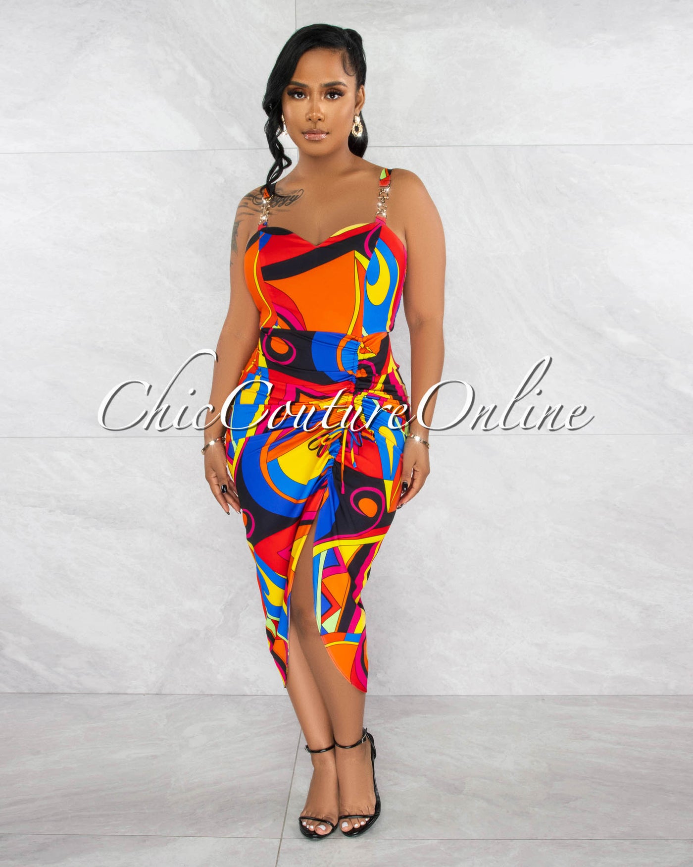 *Gayla Orange Multi-Color Print Ruched Midi Dress