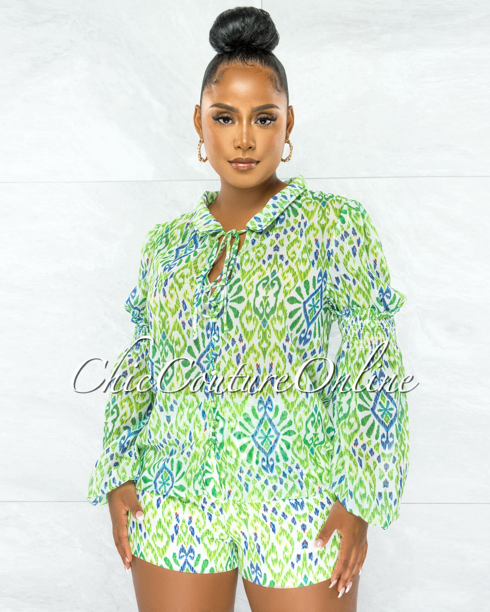 *Slater White Green Print Sheer Blouse & Mini Shorts Set