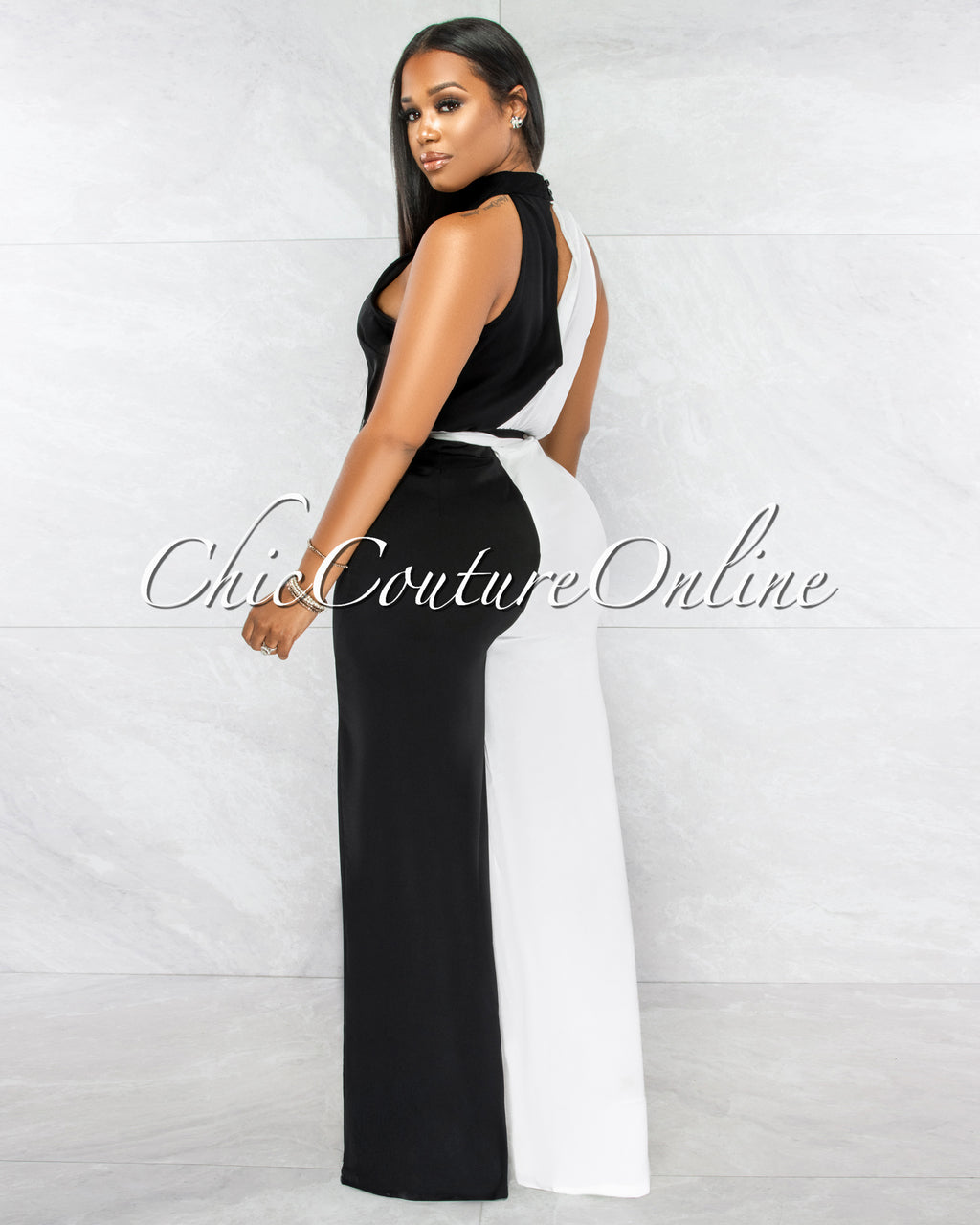 *Jaegar Black White Two-Tone Halter Jumpsuit