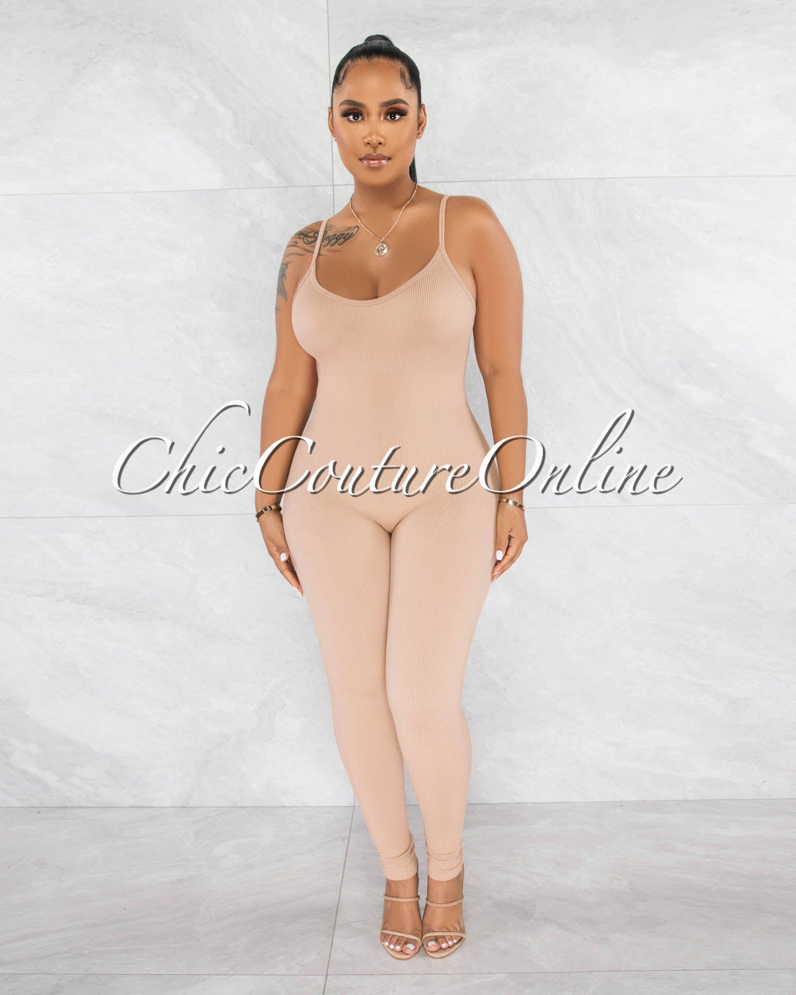 Petal Nude Ribbed BodyCon Jumpsuit