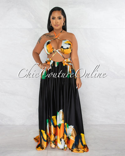 *Novia Black Orange Print Halter Cut-Out Maxi Dress