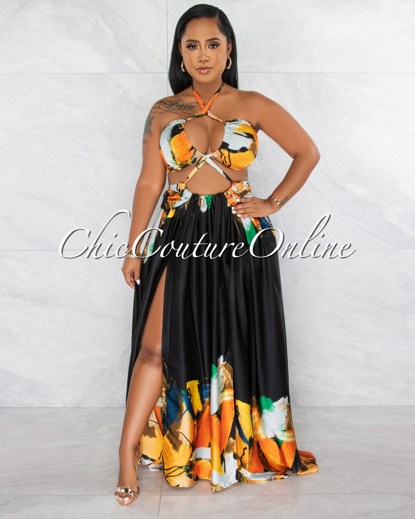 *Novia Black Orange Print Halter Cut-Out Maxi Dress