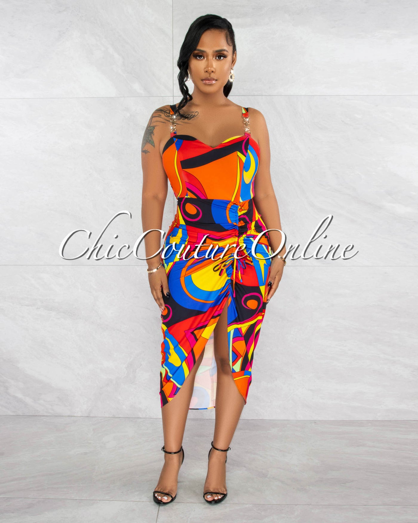 *Gayla Orange Multi-Color Print Ruched Midi Dress