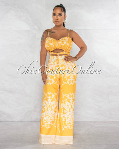Anthony Yellow Ruched Tied Top & Wide Pants Set