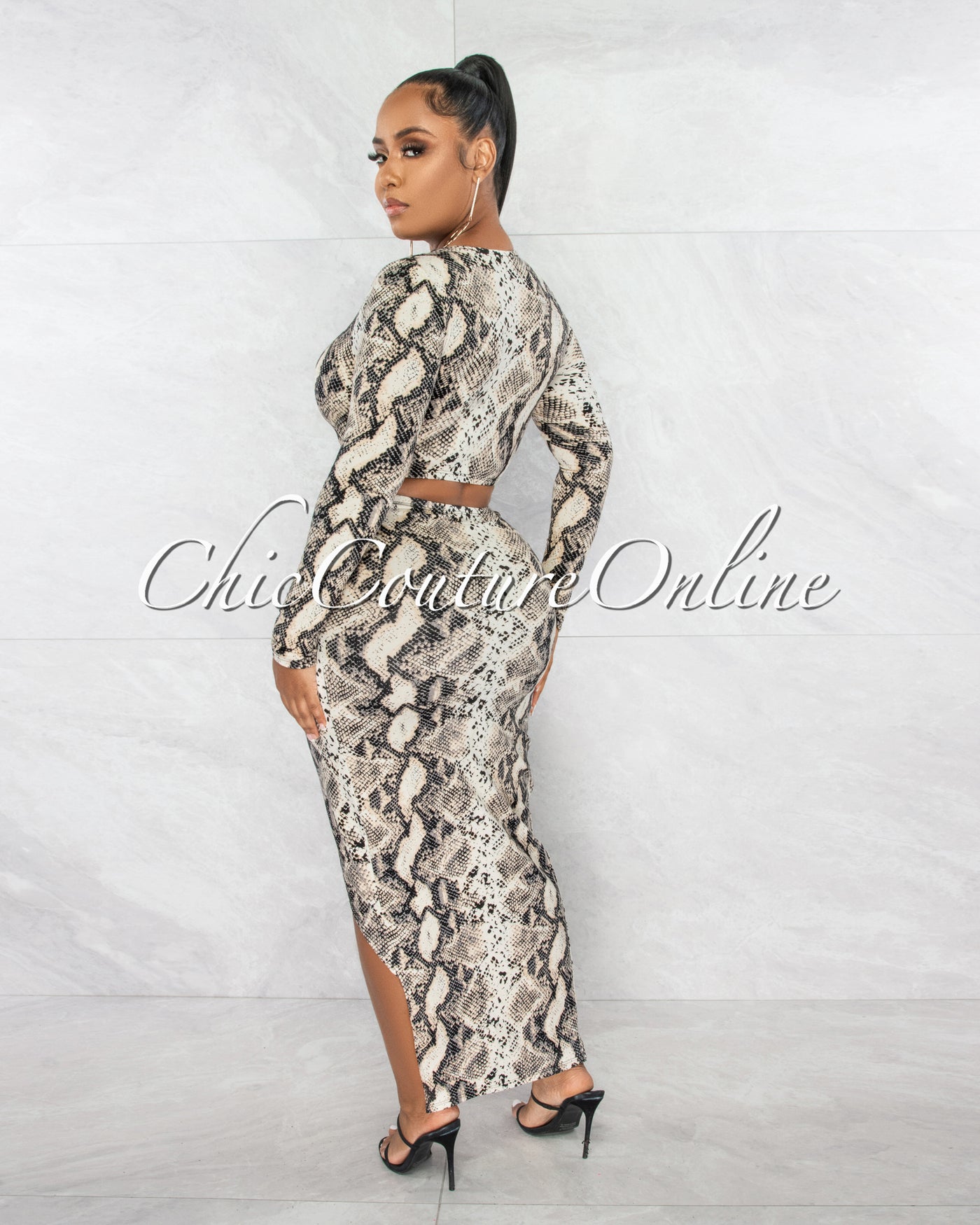*Liberty Nude Black Snake Print Crop Top & Midi Skirt Set