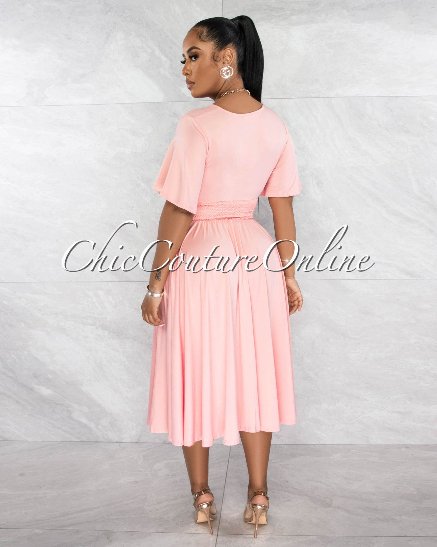 Naradia Baby Pink Draped Waistband Midi Dress