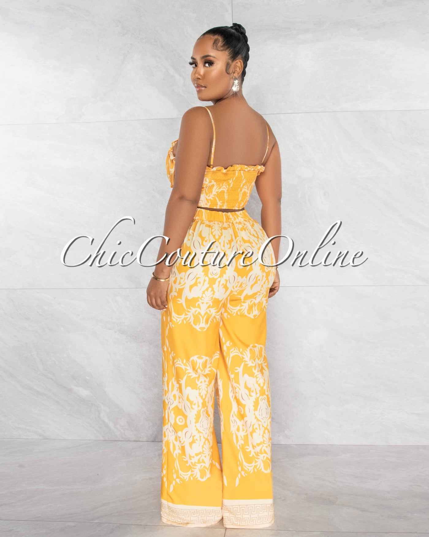 Anthony Yellow Ruched Tied Top & Wide Pants Set