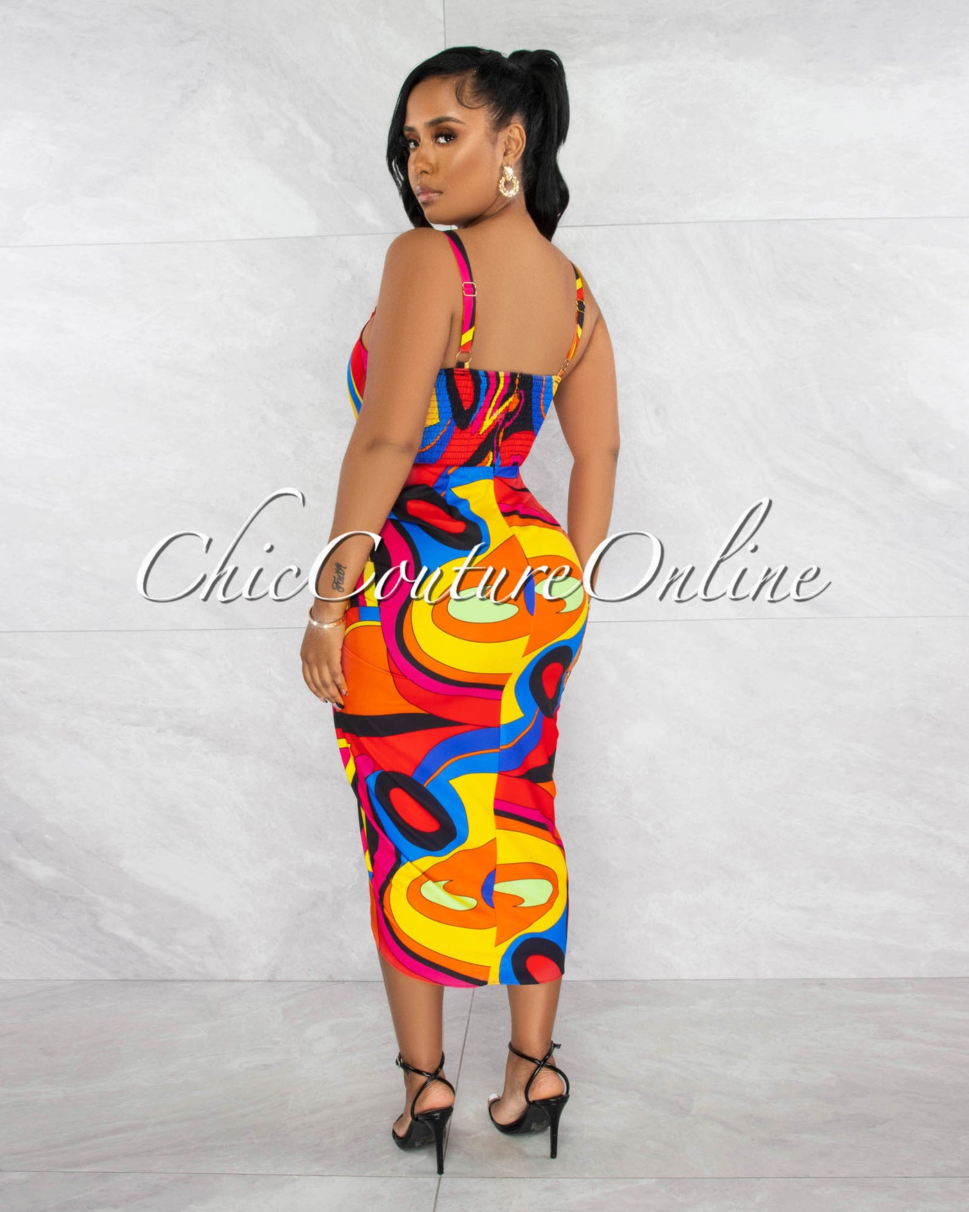 *Gayla Orange Multi-Color Print Ruched Midi Dress