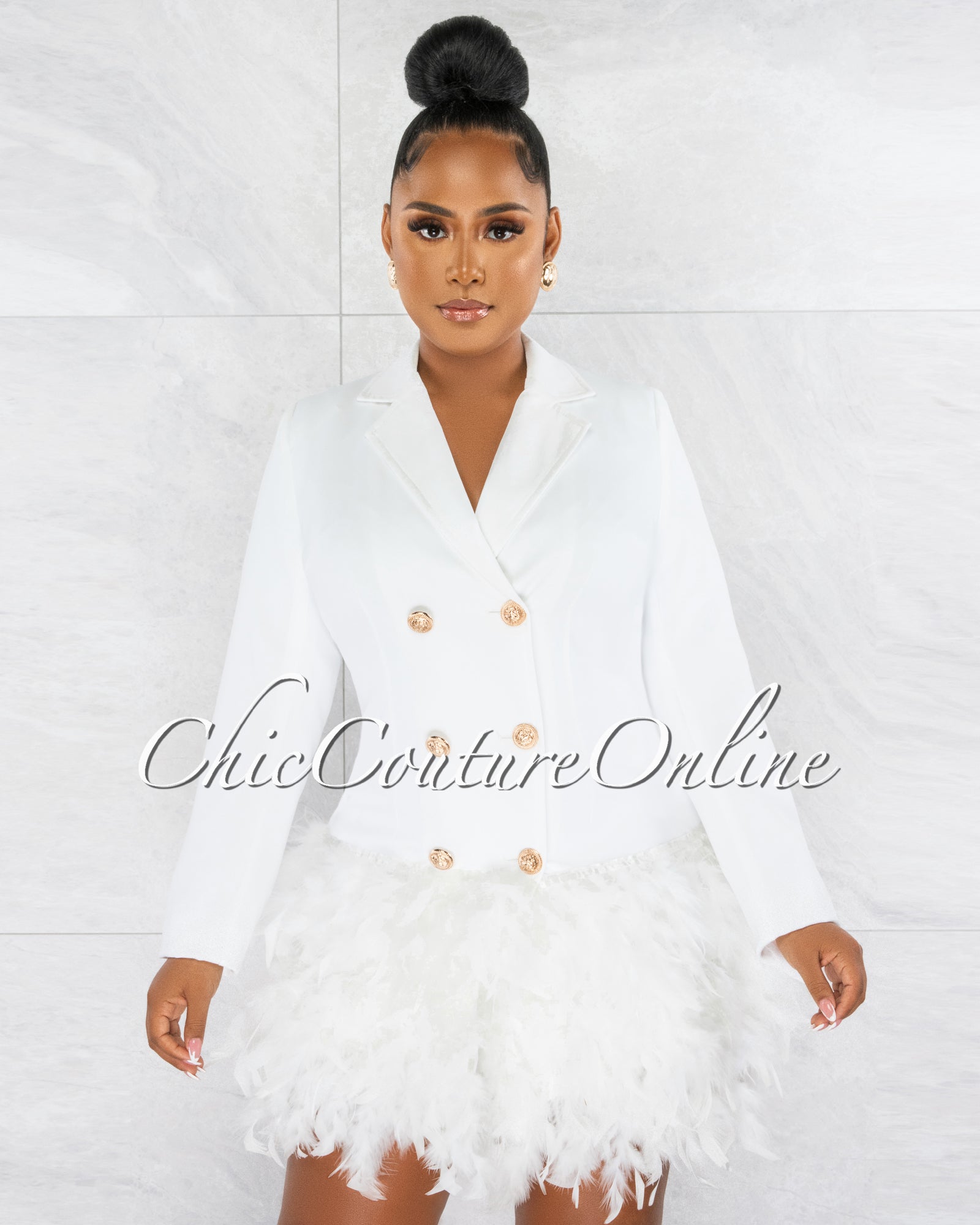 *Thirza Off-White Gold Buttons Trench Feathers Hem Dress