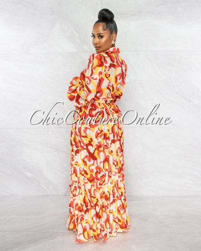 Joelle Yellow Orange Print Cut-Out Pleated Maxi Dress