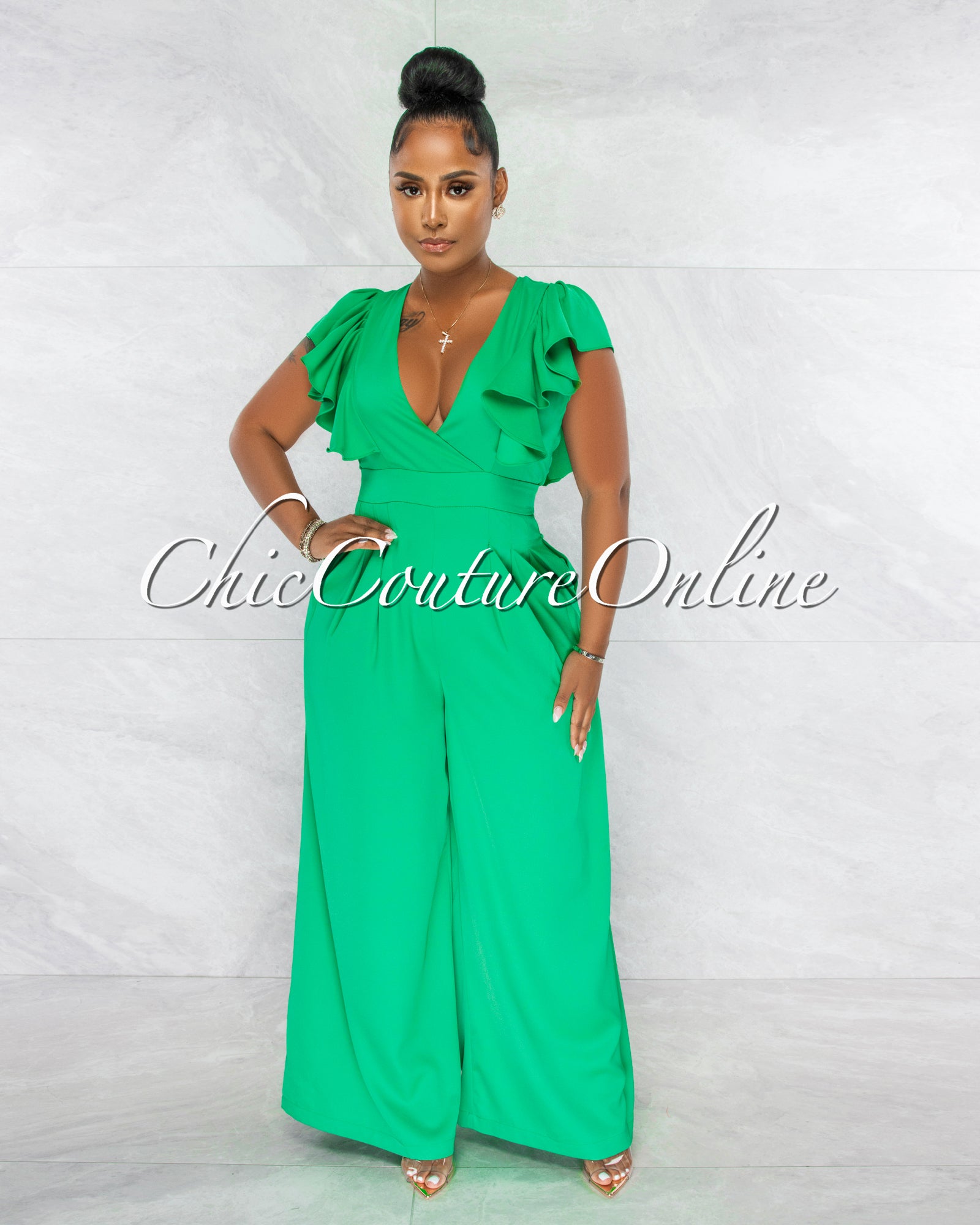 Piper Kelly Green Ruffle Neckline Wide Legs Jumpsuit – Chic Couture Online