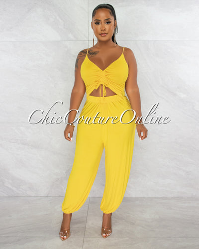 Yoriah Yellow Ruched Cut-Out Jogger Jumpsuit