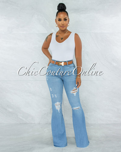 Orman Light Blue Denim Distressed Bell Bottom Jeans