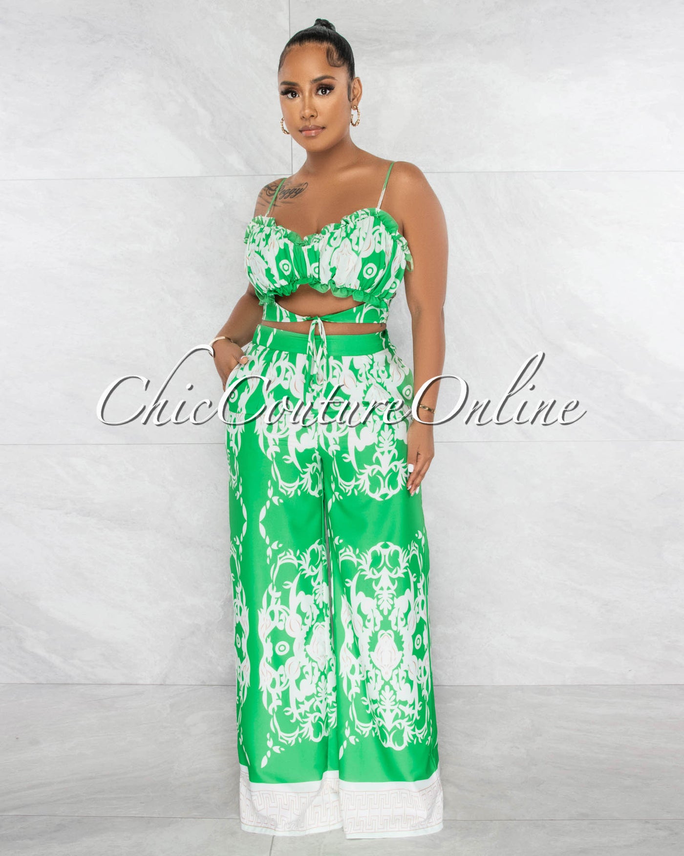 *Anthony Green Ruched Tied Top & Wide Pants Set