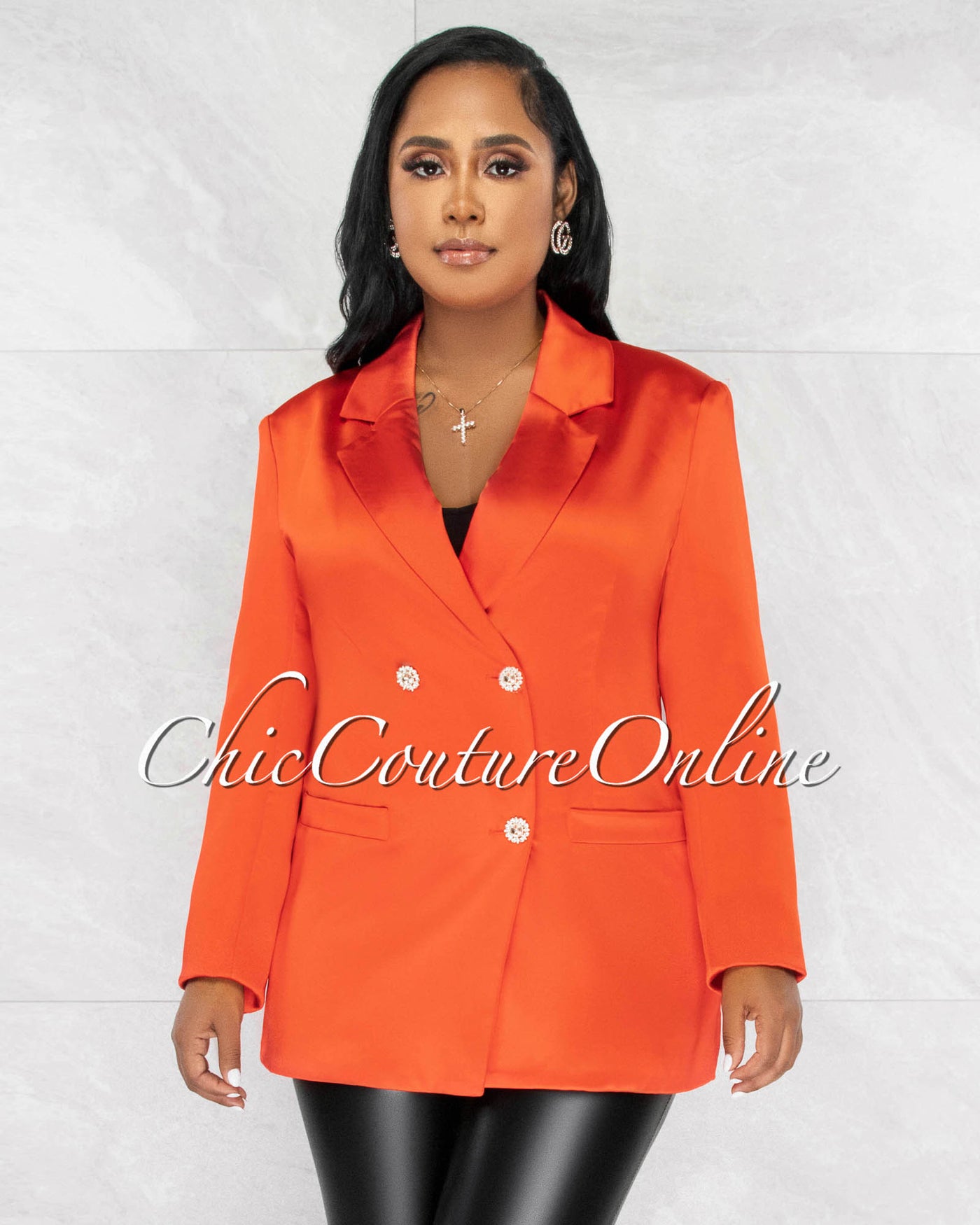 *Sharice Orange Silky Rhinestones Buttons LUXE Blazer