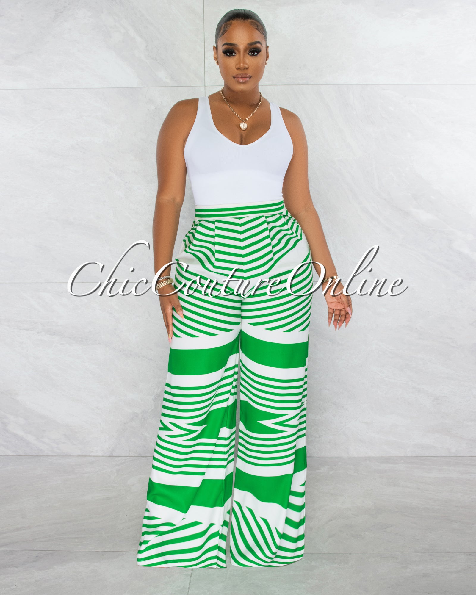 Harlem White Green Stripes Wide Pants