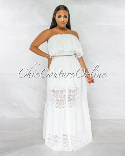 Akron Off-White Ribbed Crochet Crop Top & Maxi Skirt Set