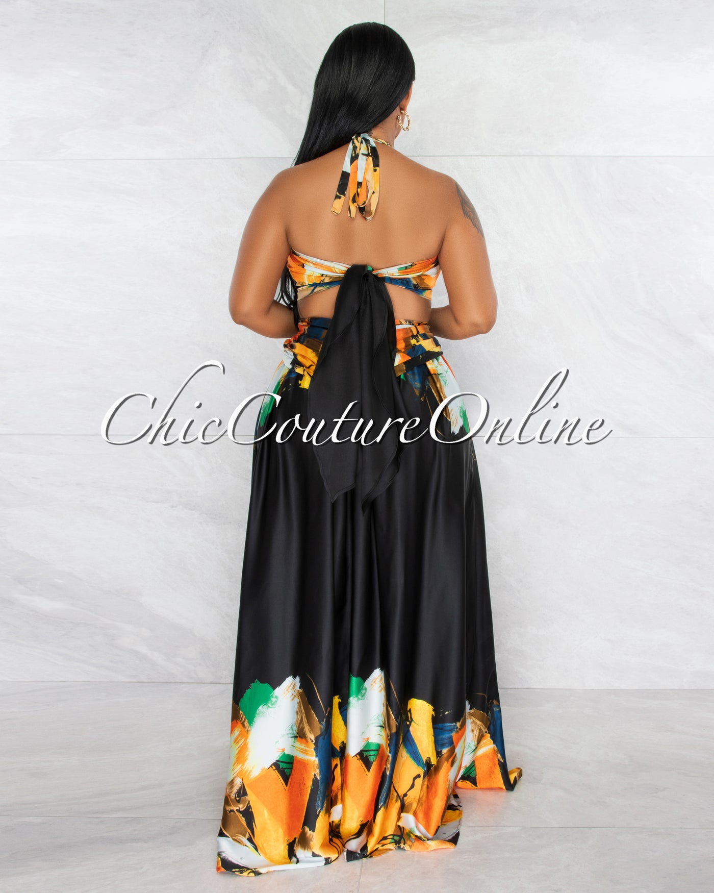 Novia Black Orange Print Halter Cut-Out Maxi Dress