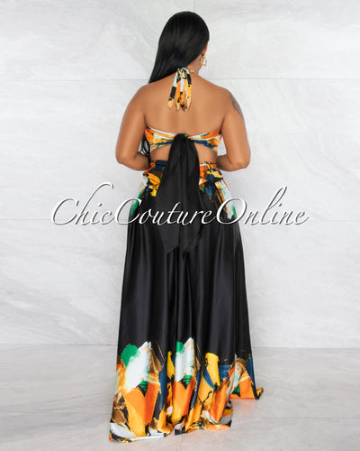 *Novia Black Orange Print Halter Cut-Out Maxi Dress