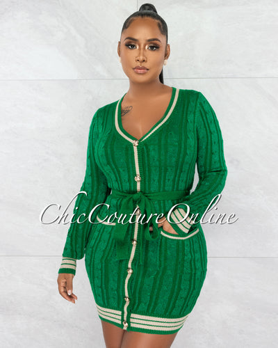 Berice Green Gold Buttons Cable Knit Nude Trim Shimmer Dress
