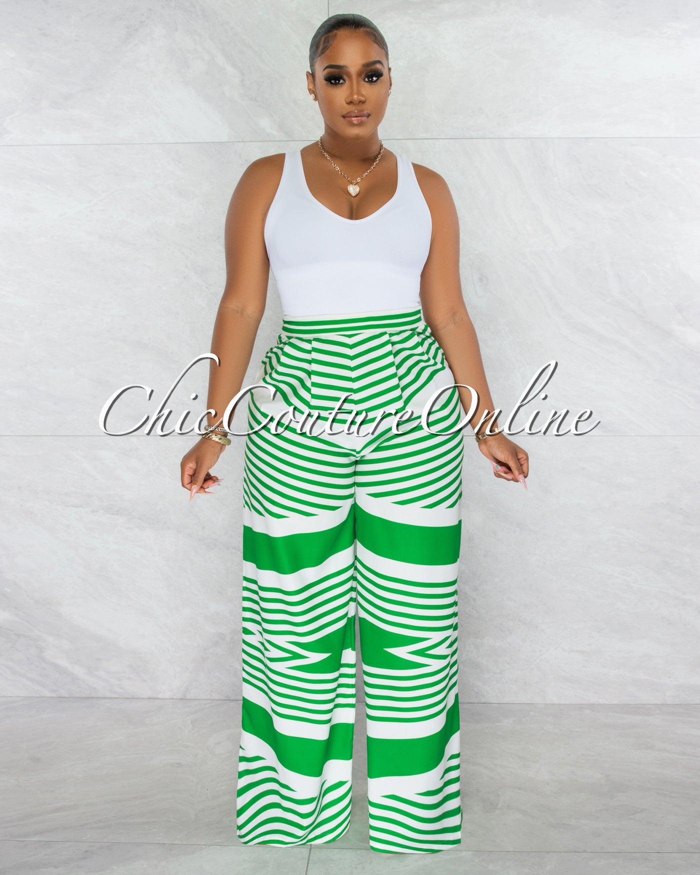 Harlem White Green Stripes Wide Pants