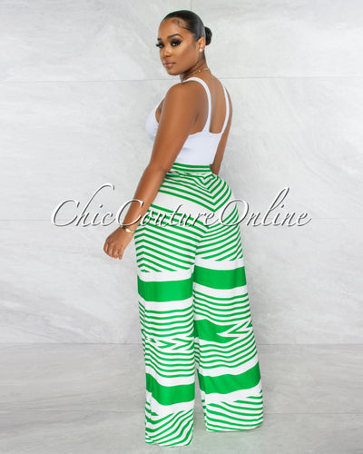 Harlem White Green Stripes Wide Pants