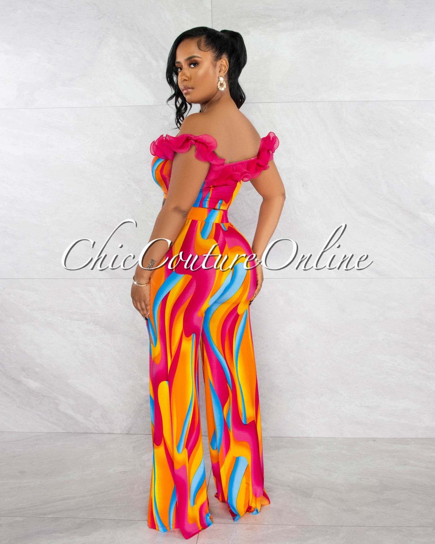 *Pascale Fuchsia Orange Ruffle Top & Wide Pants Set