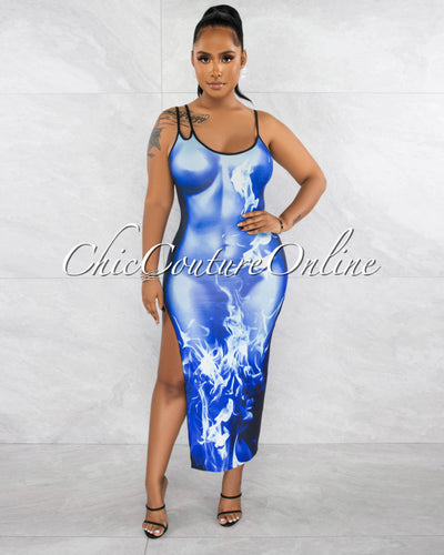 *Jenela Black Blue Body Shape Graphic Midi Dress