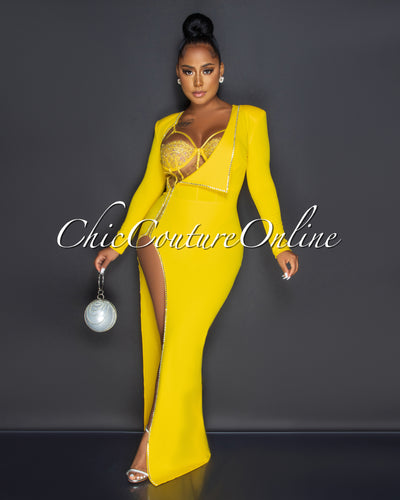 Marlinda Yellow Bodysuit Rhinestone Embellished Dress Set