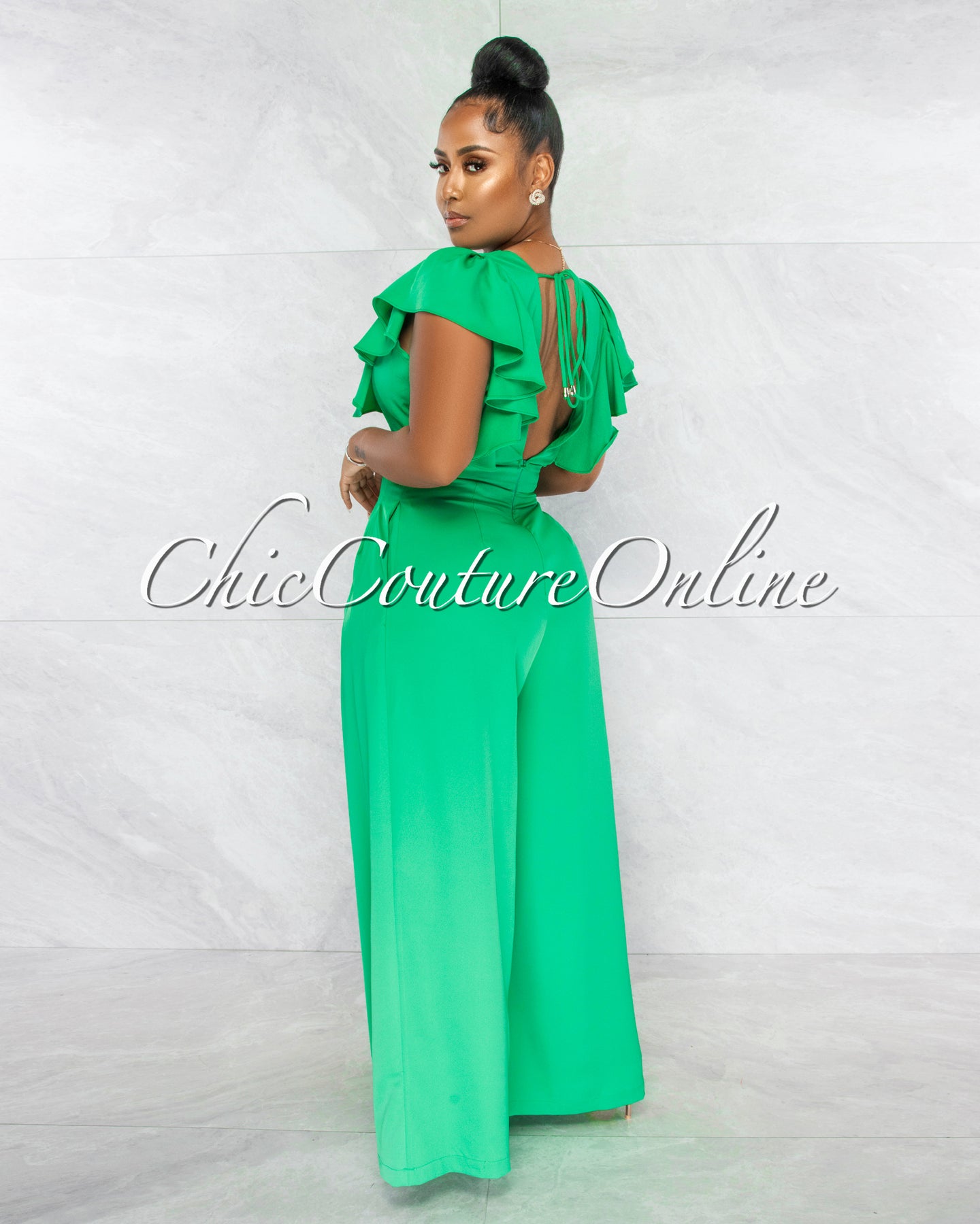 Piper Kelly Green Ruffle Neckline Wide Legs Jumpsuit – Chic Couture Online