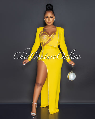 Marlinda Yellow Bodysuit Rhinestone Embellished Dress Set