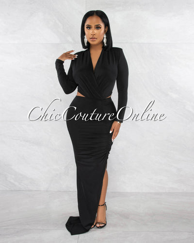 *Urania Black Cut-Out Waist Draped Maxi Dress