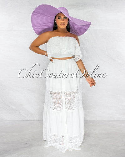 Akron Off-White Ribbed Crochet Crop Top & Maxi Skirt Set