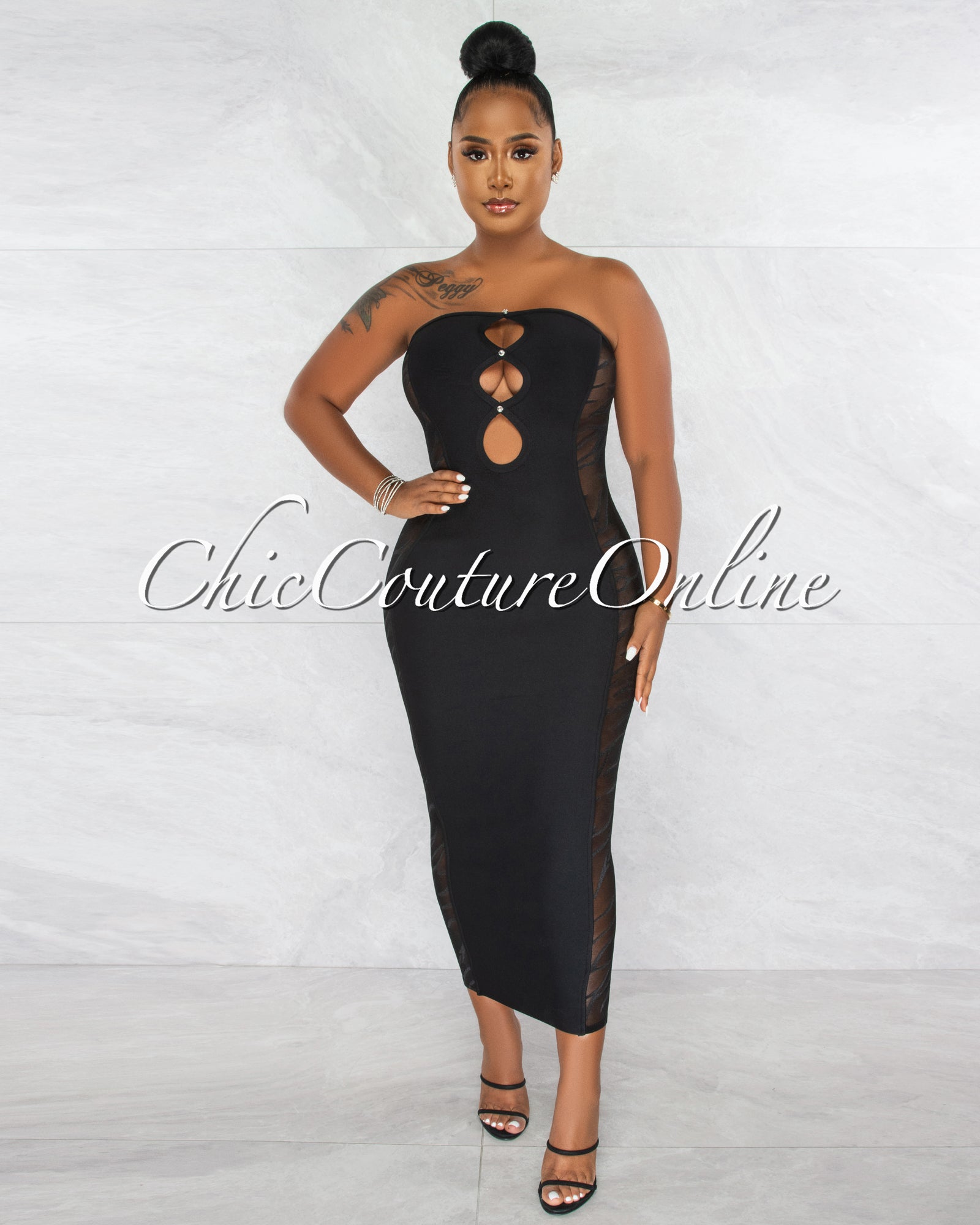 *Bissa Black Rhinestones Key-Bust Lace Sides Bandage Maxi Dress