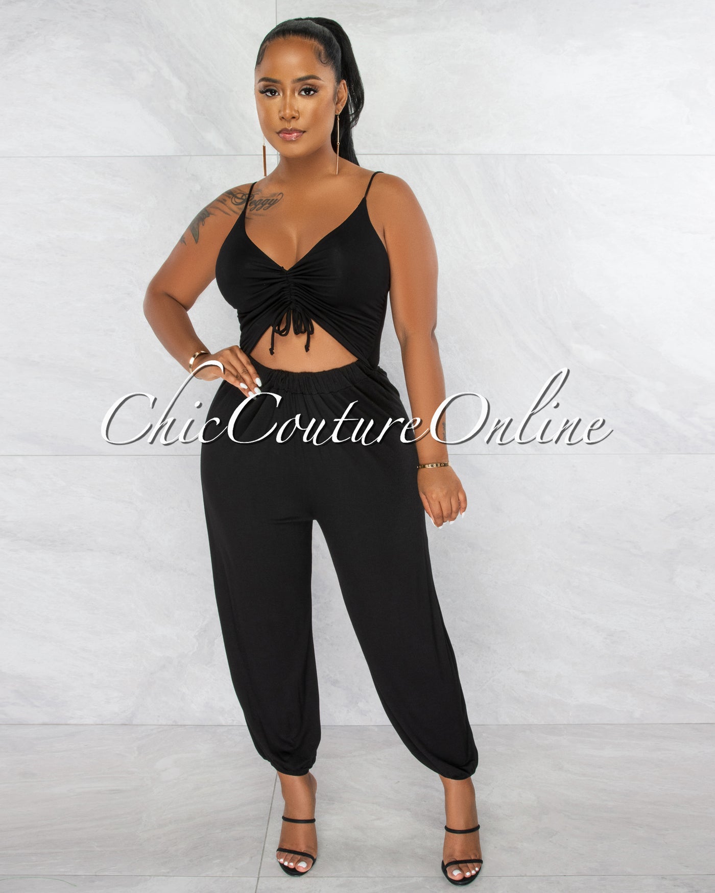 Yoriah Black Ruched Cut-Out Jogger Jumpsuit