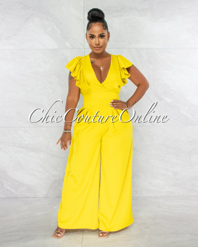 Piper Lime Yellow Ruffle Neckline Wide Legs Jumpsuit