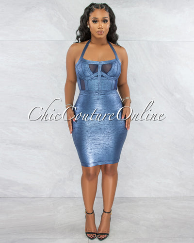 *Artha Sapphire Blue Foil Mesh Details Bandage Dress