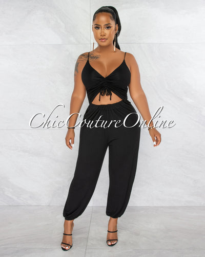 Yoriah Black Ruched Cut-Out Jogger Jumpsuit