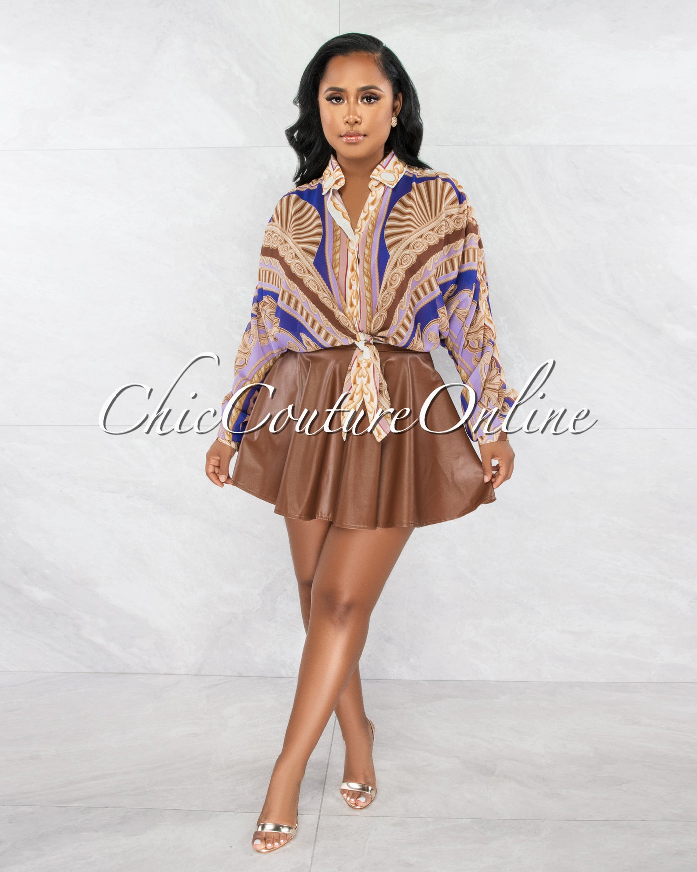 Clory Purple Gold Print Buttoned Long Sleeves Shirt