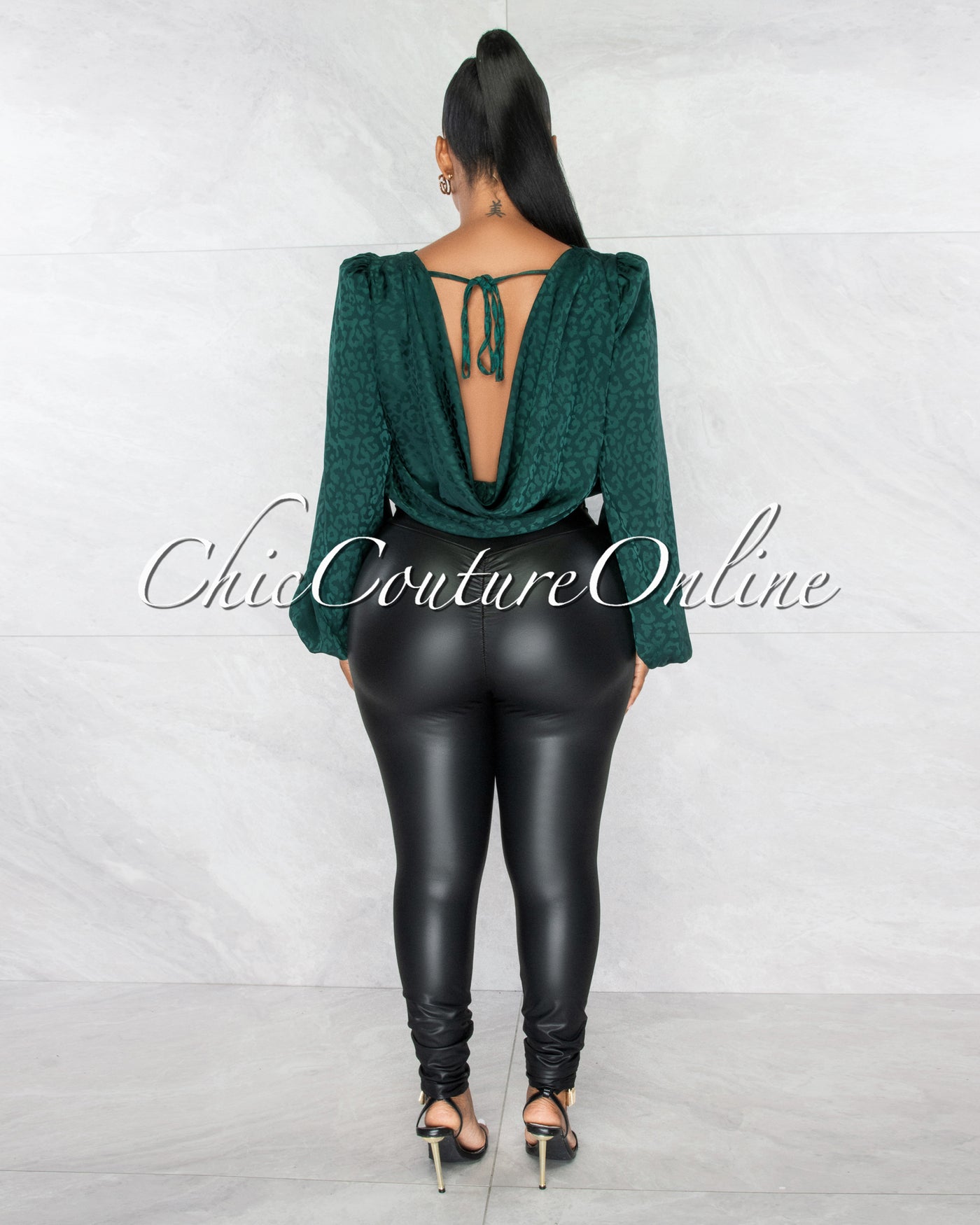*Marcela Hunter Green Leopard Silky Low Back Bodysuit