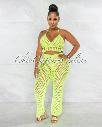 Tessa Neon Green Crochet Tassels Top & Pants Cover-Up Set