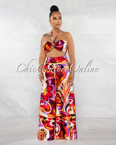 Kerta Red Multi-Color Print "O" Ring Top & Wide Pants Set