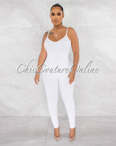 Petal White Ribbed BodyCon Jumpsuit