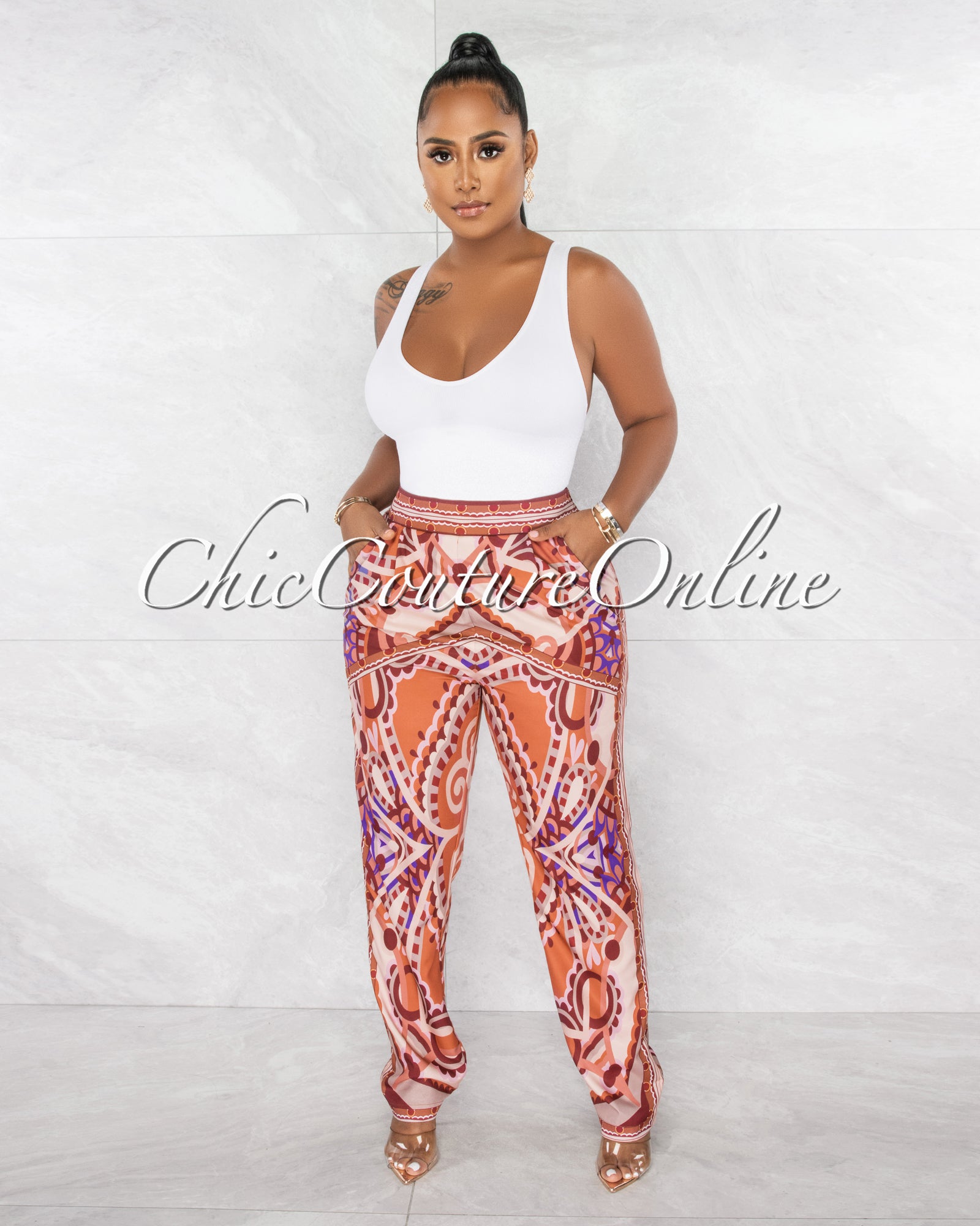 *Keana Rust Multi-Color Print Wide Silky Pants – Chic Couture Online