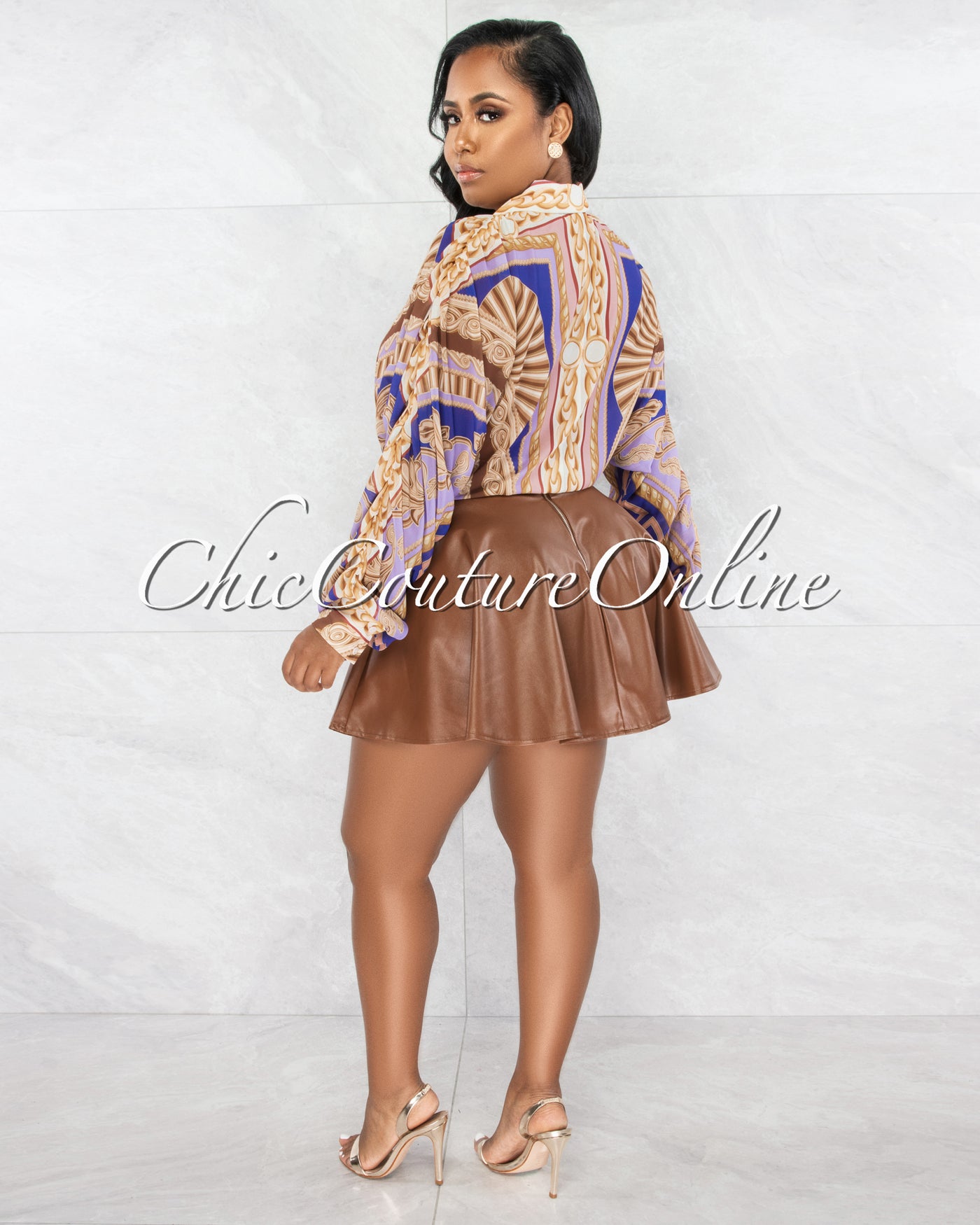 Clory Purple Gold Print Buttoned Long Sleeves Shirt