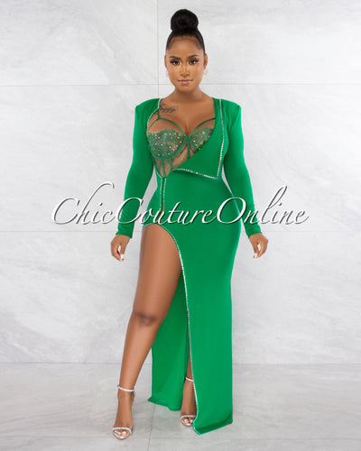 Marlinda Green Bodysuit Rhinestone Embellished Dress Set