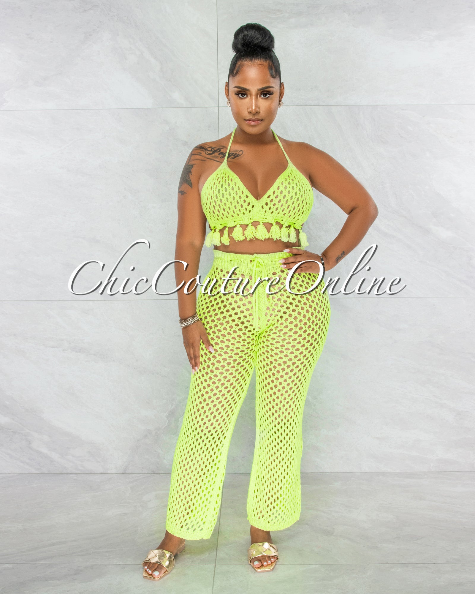 *Tessa Neon Green Crochet Tassels Top & Pants Cover-Up Set